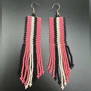 Handcrafted seed bead earrings fringe dangle pink black cream